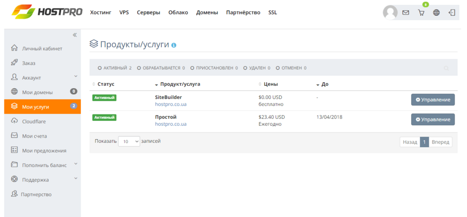 Список доступных услуг на хостинге hostpro.ua