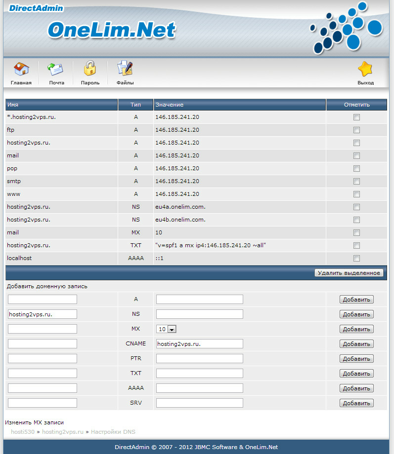 Страница управления DNS
