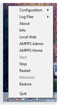 Контекстное меню иконки в трее программы управления вебсервером AMPPS