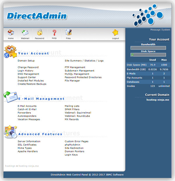 Главное окно панели управления DirectAdmin