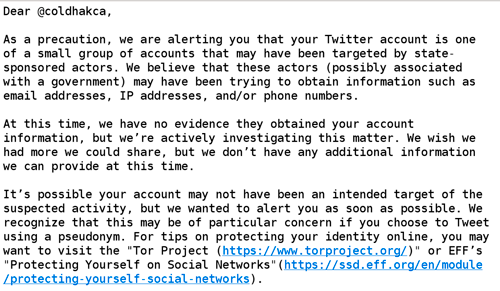 Предупреждение от Twiter об активности правительственных хакеров