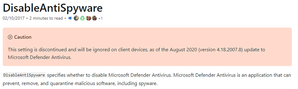 Сообщение Microsoft об отключении возможности выключить Defender